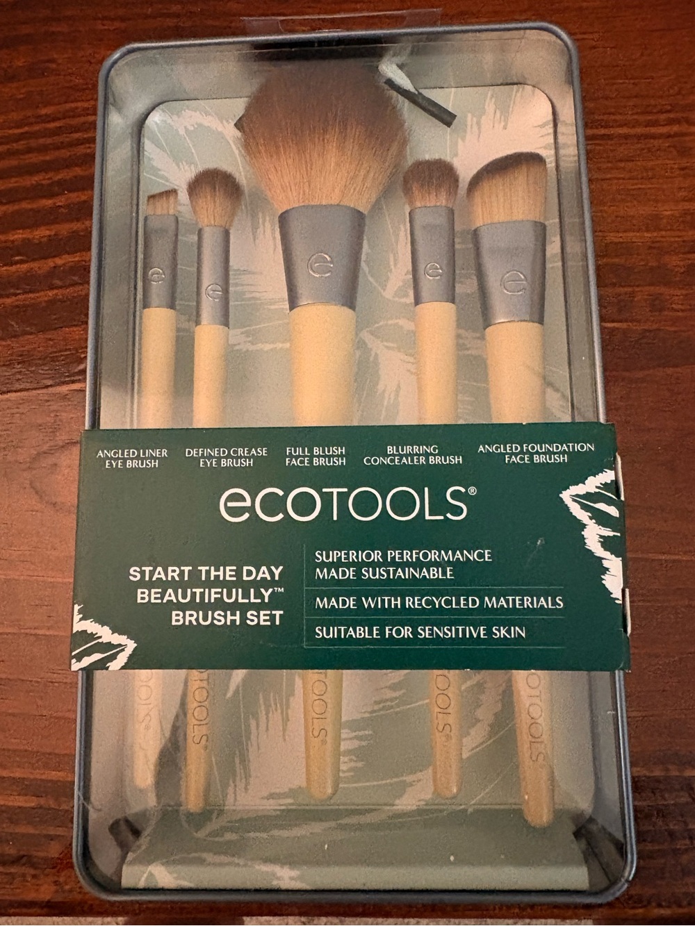 ecotools Natural Wood Handle Brush Set with Silver Ferrules and Brown Bristles